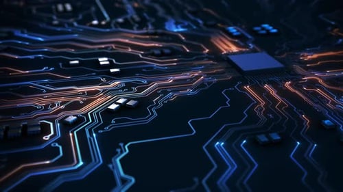 Processeur translucide AI futuriste haute performance connecté au socket et à la carte mère. Prochaine génération