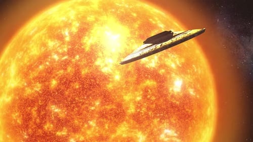 Flying saucer rotating close to giant hot sun