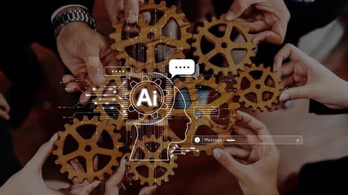 Colaboração de mãos com engrenagens que representam tecnologia, inteligência artificial e comunicação