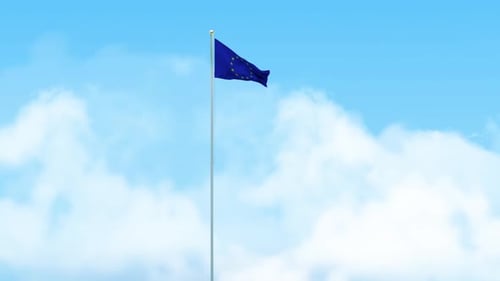 European Union Flag Waving in Blue Sky with Clouds