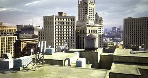Rooftop Urban Landscape Showcasing Buildings and City Skyline at Sunset