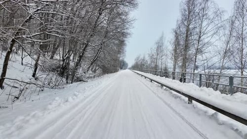 Scenic Snowy Road Through Winter Forest in Tranquil Setting