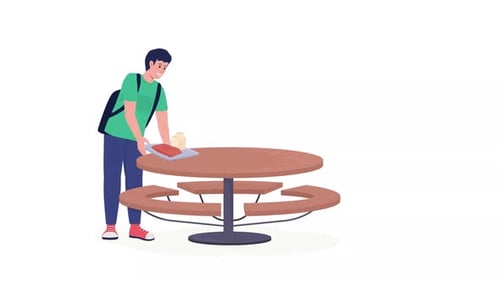 Animated Student Places Lunch Tray on Picnic Table