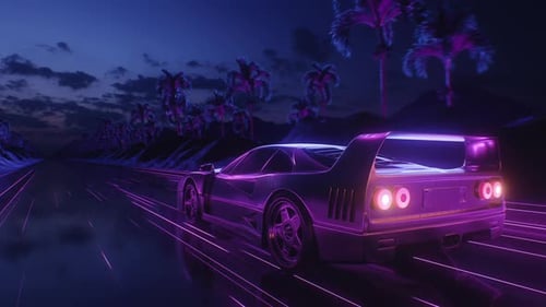 Loop Car and Background Neon Retro Wave 80s Style