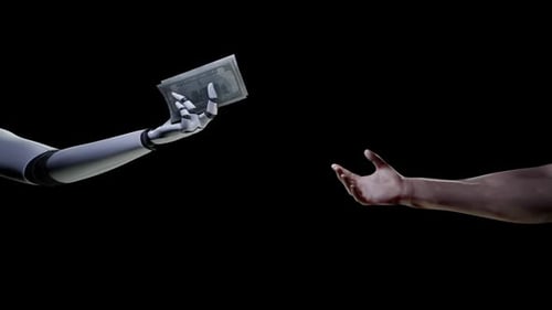 Robot Hand Gives Hundred Dollar Bills to Human