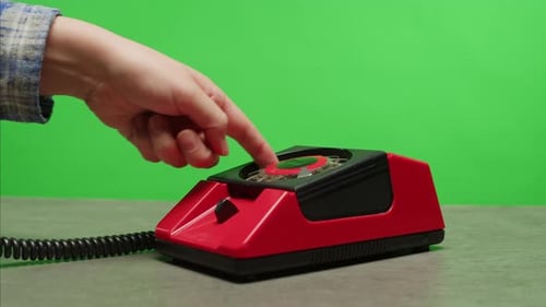 Retro Vintage Phone on Chroma Key Green Screen Rotary Telephone is Displayed on a Wooden Desk Adding