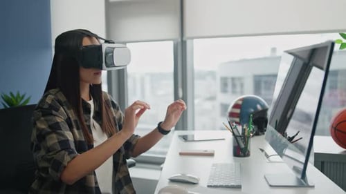 Woman Wearing VR Headset Interacting with Virtual World