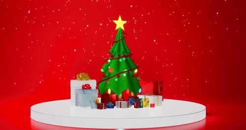 Christmas Gifts And The Light Looping Xmas Tree Spinning Around Themselves During Snowflake Falling