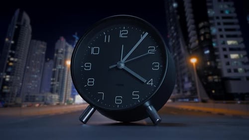Un réveil noir moderne qui se distingue dans les rues animées de la ville la nuit