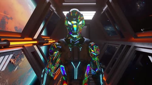 Holographic Robot Figure in Spacecraft with Glowing Details