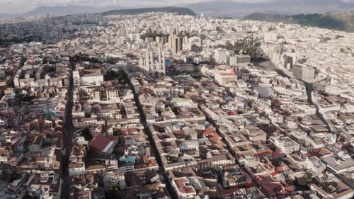 Drone shot of the historic center of Quito, Ecuador and the North part of the city. Overlooking La B