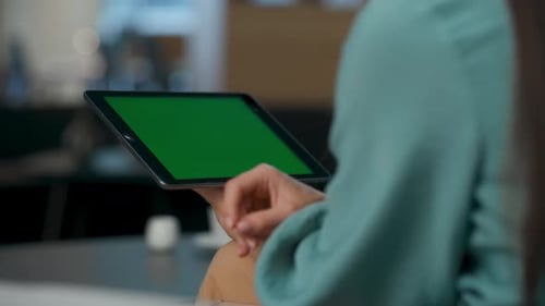 Unknown Business Woman Touching Mockup Tablet in Office. Closeup Employee Hands Working
