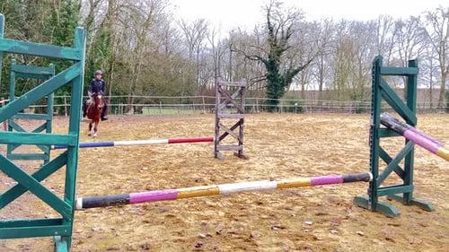 Female Jockey training her pony in the Paddock, galloping and jumping over hurdles.