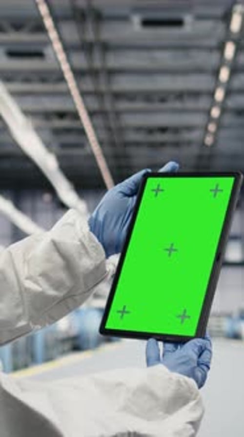 Vertical Video Green Screen Tablet Monitoring Gear and Engineer in Microchip Factory