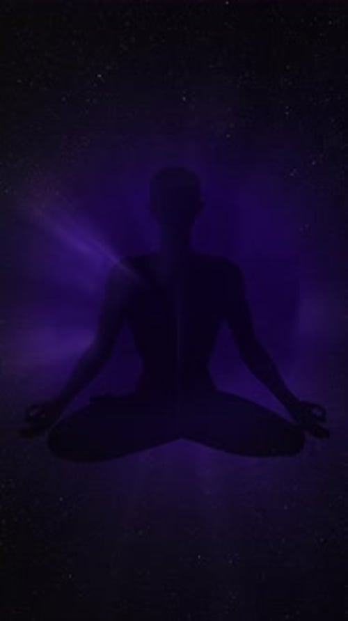 Meditating Person Silhouette with Pulsating Purple Energy and Cosmic Background