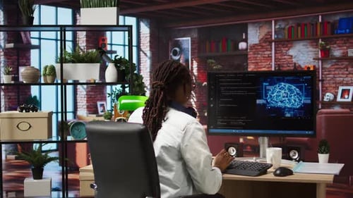 Woman Works with AI Deep Neural Networks on PC at Home