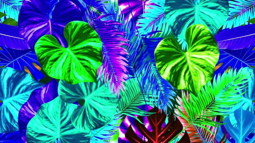 Neon Tropical Leaves Animation Colorful Leafs Animation, Dynamic Neon Jungle Foliage Animation