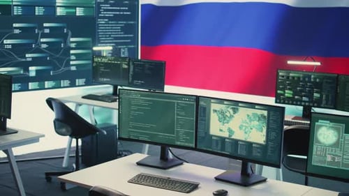 Cybersecurity Technology Workplace with Russian Flag