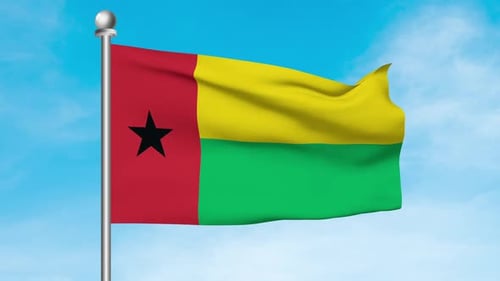 Realistic Guinea-Bissau Flag Waving in Blue Sky