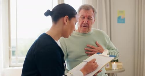 Clipboard, chest pain and nurse with senior man for infection treatment in healthcare nursing home