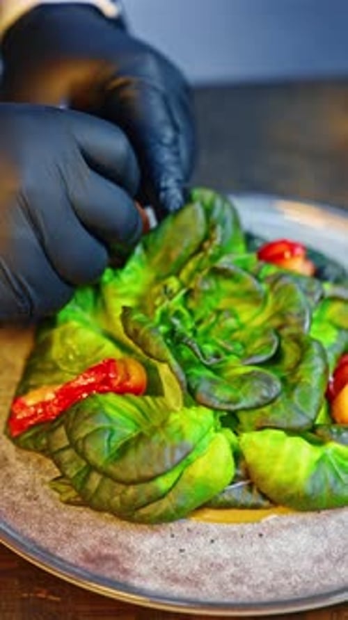 Restaurant meal serving close up view. Delicious food preparation. Vertical video.