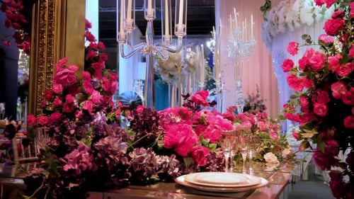 Close Up View of Luxury Banquet Table Set Up Served Dinner Tableware and Silverware Move Camera