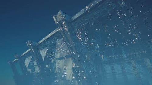 Futuristische schwimmende Stadt mit fortschrittlicher Architektur in einem ruhigen Himmel