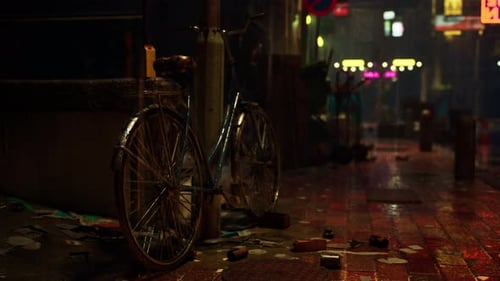 Bike Parked Next to Trash Can on Rainy Night in Asian City