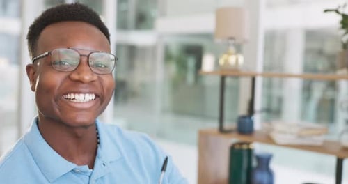 Black man face, businessman and happy at the office, working and corporate employee