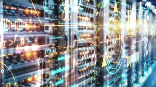 Digital Data Streams in Front of Server Cabinets