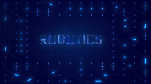 ROBOTICS Word Text with neon circuit board design or computer semiconductor design