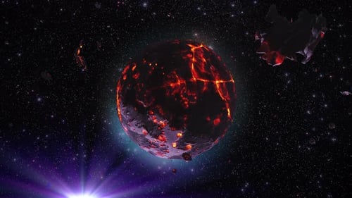 Dying Planet with hot magma, asteroid surrounding