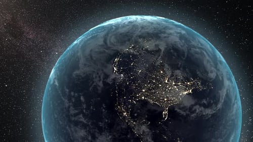 Realistic Earth Planet Rotation in Space with Twinkling City Lights