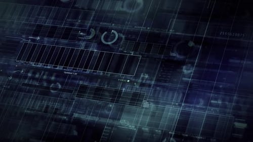 Futuristic Digital Interface with Data Visualization and Network Grid