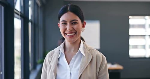 Face, smile and business woman at window in office for corporate or professional company career