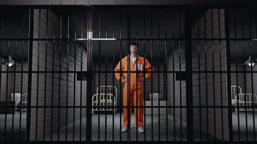 Full Body Of Prisoner In Broken Handcuffs Standing With Arms Akimbo In Prison