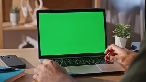 Professional Hand Tapping Chromakey Computer Button at Agency Office Closeup
