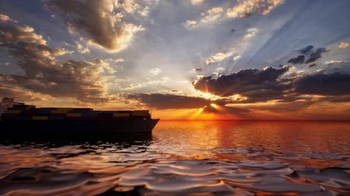 Loaded Container Cargo Ship Sailing Over Calm Sea Into The Sunset