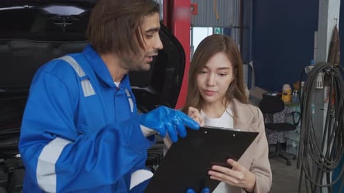 Young mechanic talking to customer asian woman about car with repairing in garage, auto service.