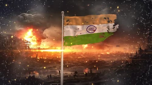 India flag waving in war torn and damaged