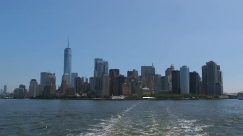 Lower Manhattan seen from a ferry, New York City, United States