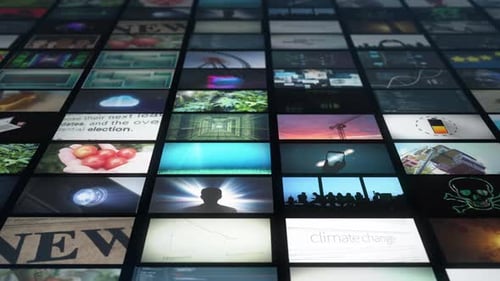 High-resolution digital wall displaying various themed thumbnails including technology