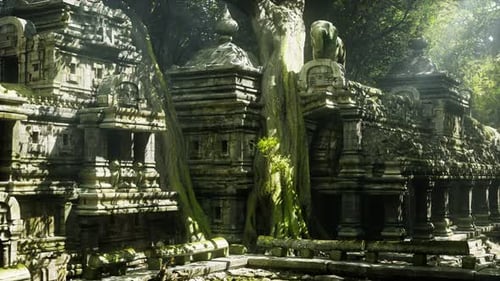 Ruines anciennes enveloppées par la nature au Cambodge à la lumière de midi