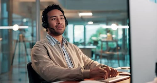 Agent, headset and man with computer, office and discussion for sales offer
