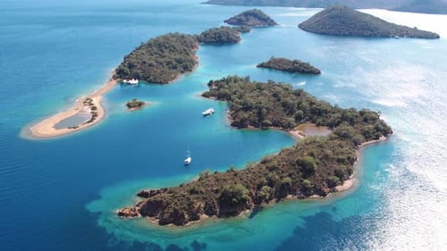 Turquoise Blue Bay With Boats, Islands