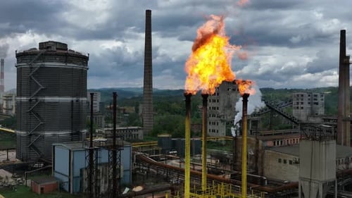 Burning a Torch at a Chemical Plant Emission of Harmful Substances Into the Atmosphere Chimney With