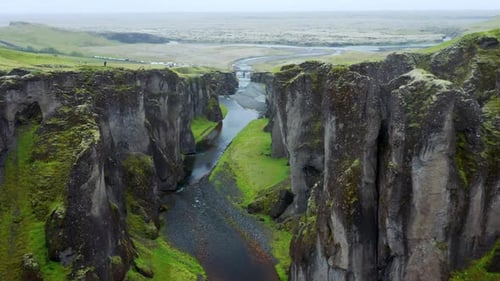 Aerial View Of Fjaðrárgljúfur Canyon In Southern Iceland - drone shot