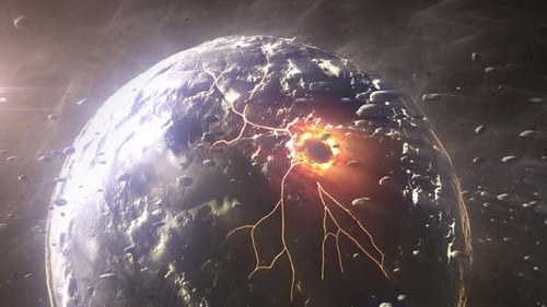 Dead planet with hot lava magma and asteroids