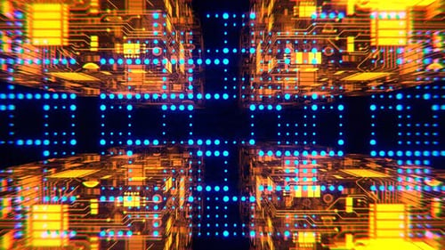Blue And Orange Cybernetic Chip Cube And Dots Flythrough Background Vj Loop I 4K