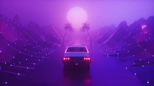 Synth Wave Riding Car At Foggy Landscape Backdrop Loop